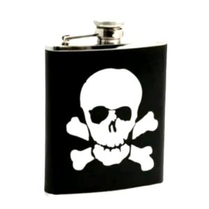 Bey Berk SKULL & CROSSBONES Whiskey Flask Leather Sleeve Stainless Steel Goth